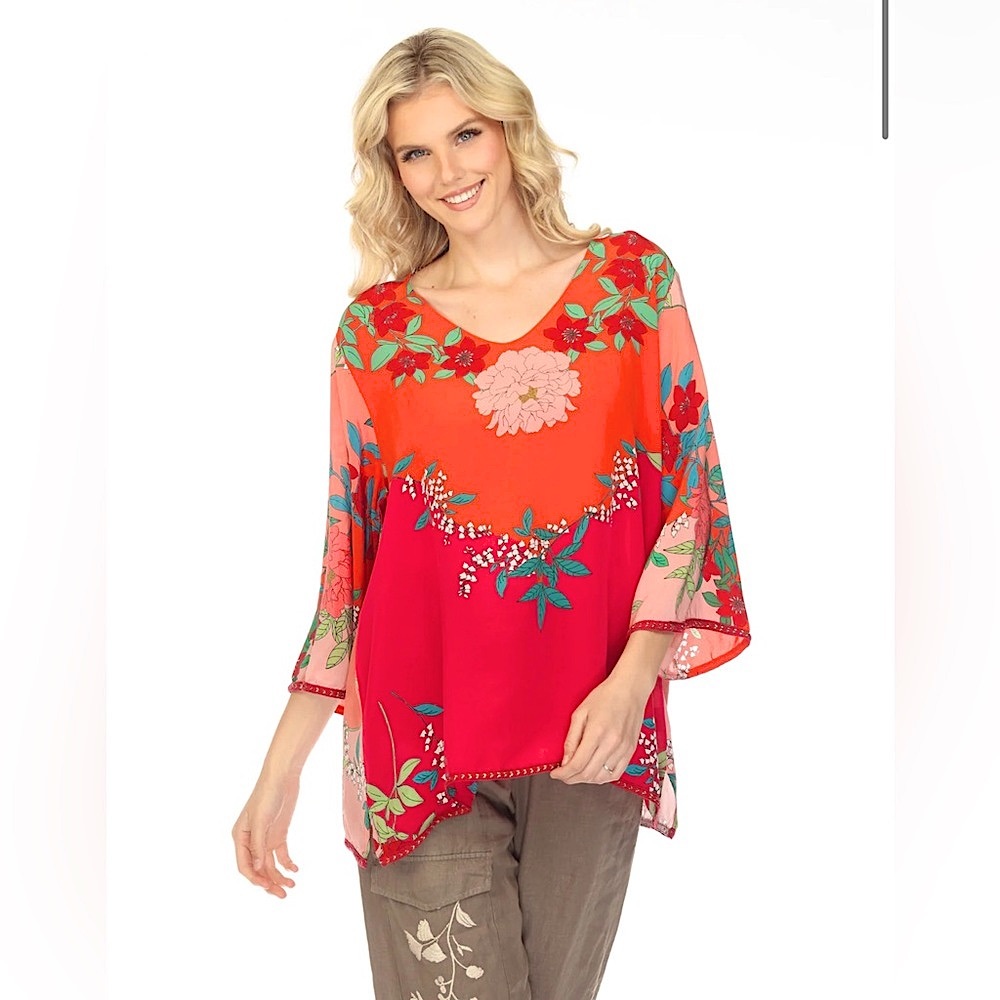 NEW JOHNNY WAS 100% silk NEW blouse top long sleeve, womens Medium embroidered